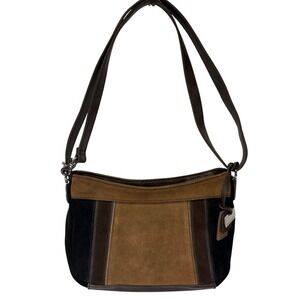 Tignanello Suede Leather‎ Patchwork Shoulder Bag Crossbody Brown Black Tan